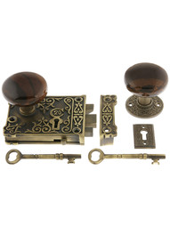 Solid Brass Century Rim Lock Set with Brown Swirl Porcelain Knobs